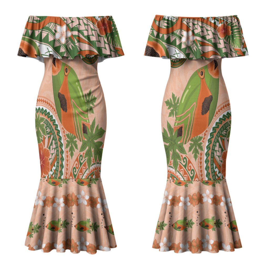Hawaii Papaya Couples Matching Mermaid Dress and Long Sleeve Button Shirt Cute Cosplay Humuhumu Fish Plumeria Waves DT05 - Polynesian Pride