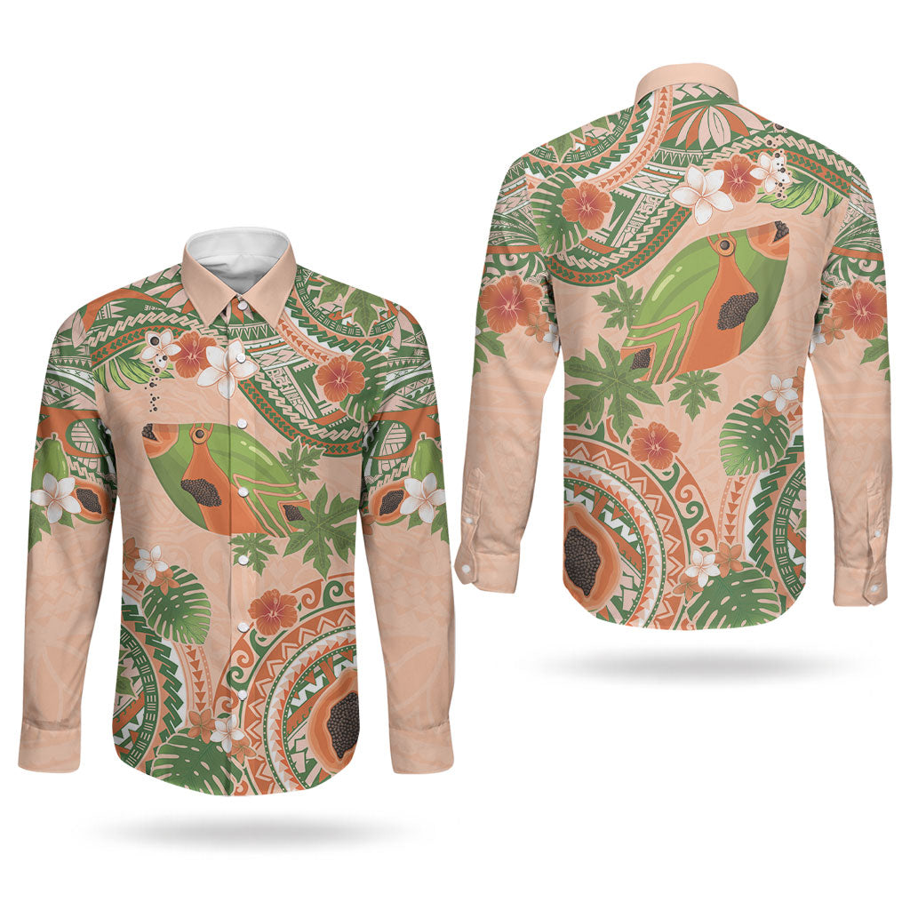 Hawaii Papaya Couples Matching Off Shoulder Maxi Dress and Long Sleeve Button Shirt Cute Cosplay Humuhumu Fish Plumeria Waves DT05 - Polynesian Pride
