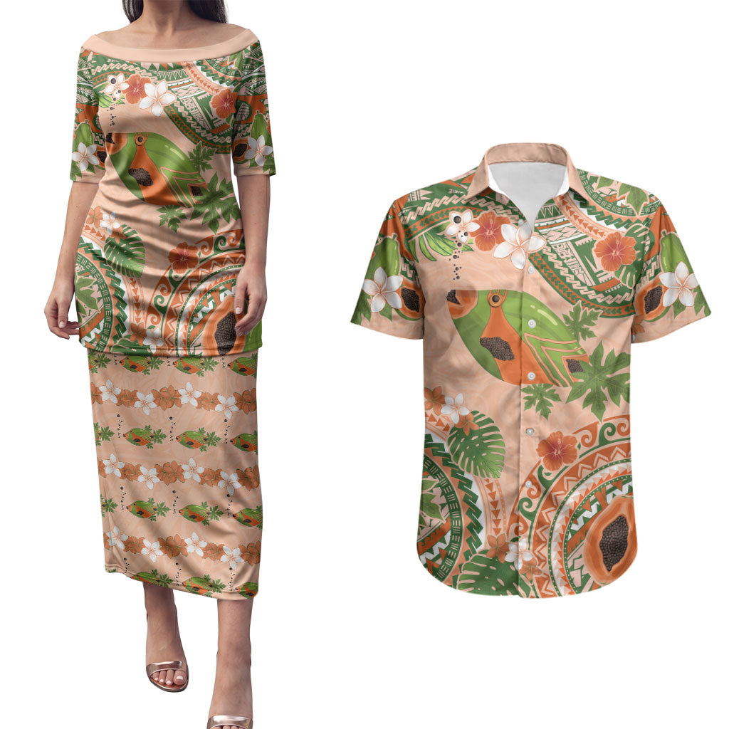 Hawaii Papaya Couples Matching Puletasi and Hawaiian Shirt Cute Cosplay Humuhumu Fish Plumeria Waves DT05 Orange - Polynesian Pride
