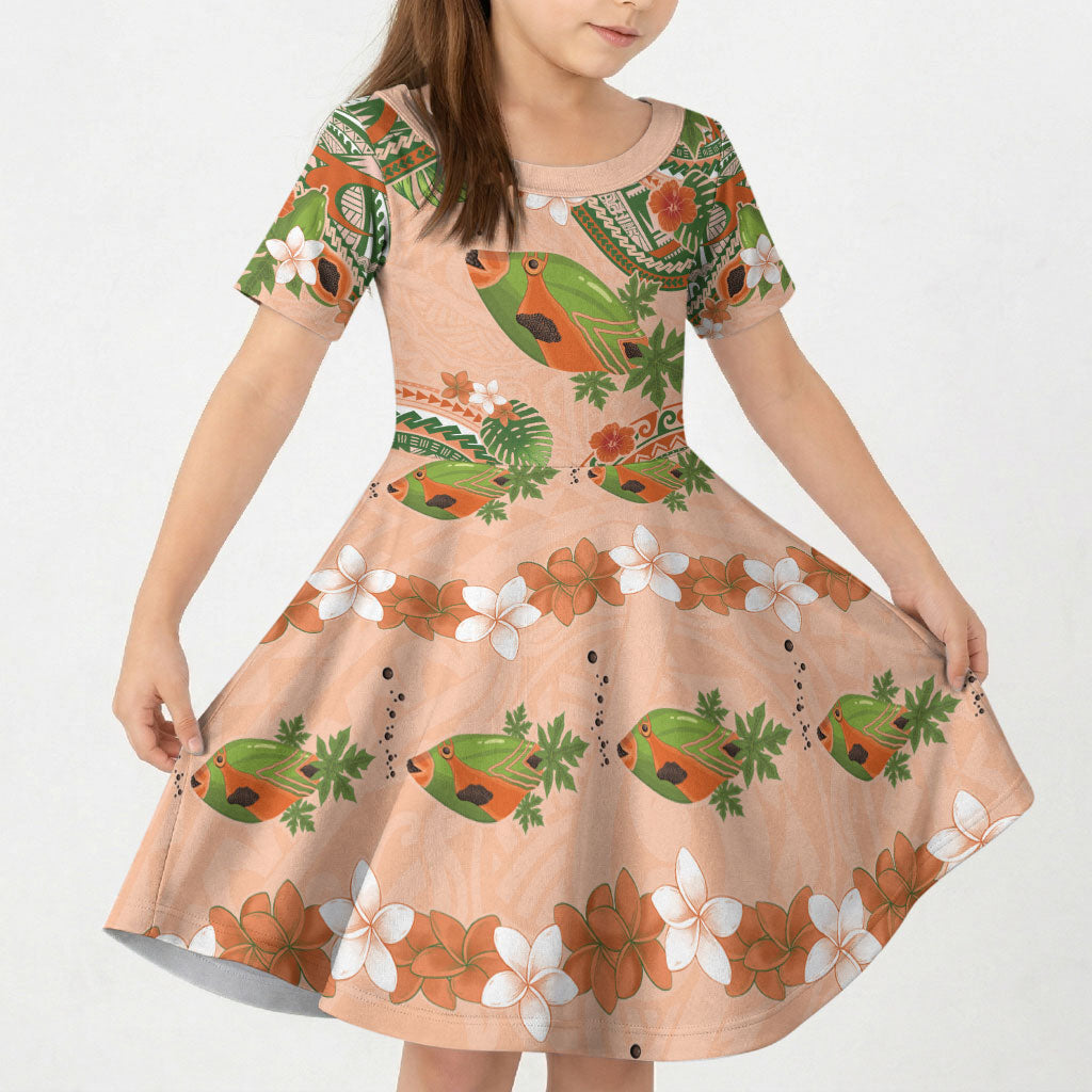 Hawaii Papaya Kid Short Sleeve Dress Cute Cosplay Humuhumu Fish Plumeria Waves DT05 KID Orange - Polynesian Pride