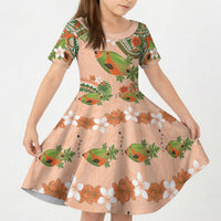 Hawaii Papaya Kid Short Sleeve Dress Cute Cosplay Humuhumu Fish Plumeria Waves DT05 KID Orange - Polynesian Pride