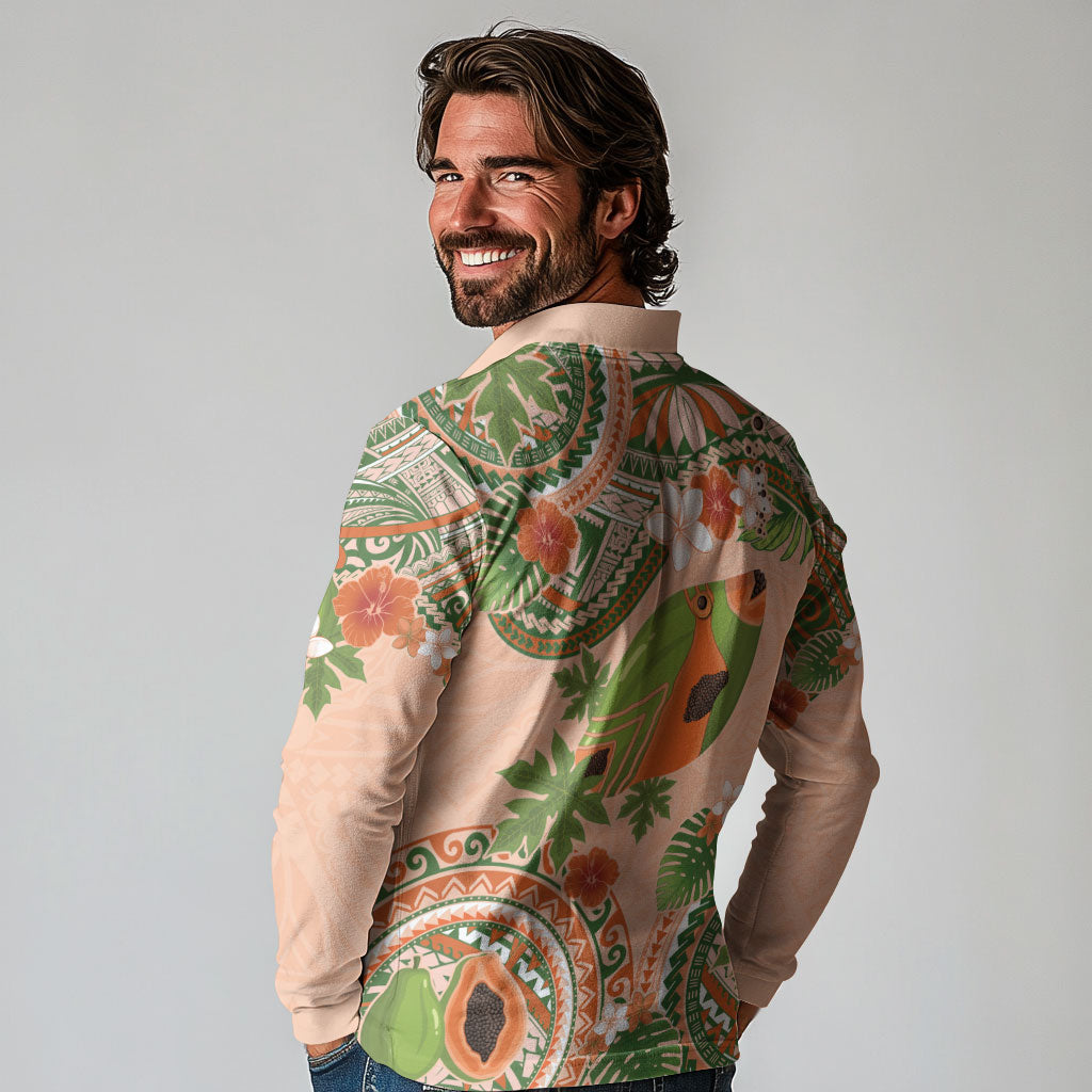 Hawaii Papaya Long Sleeve Polo Shirt Cute Cosplay Humuhumu Fish Plumeria Waves DT05 - Polynesian Pride