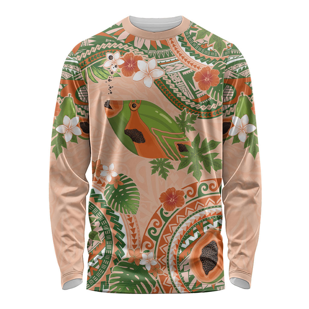 Hawaii Papaya Long Sleeve Shirt Cute Cosplay Humuhumu Fish Plumeria Waves DT05 Unisex Orange - Polynesian Pride