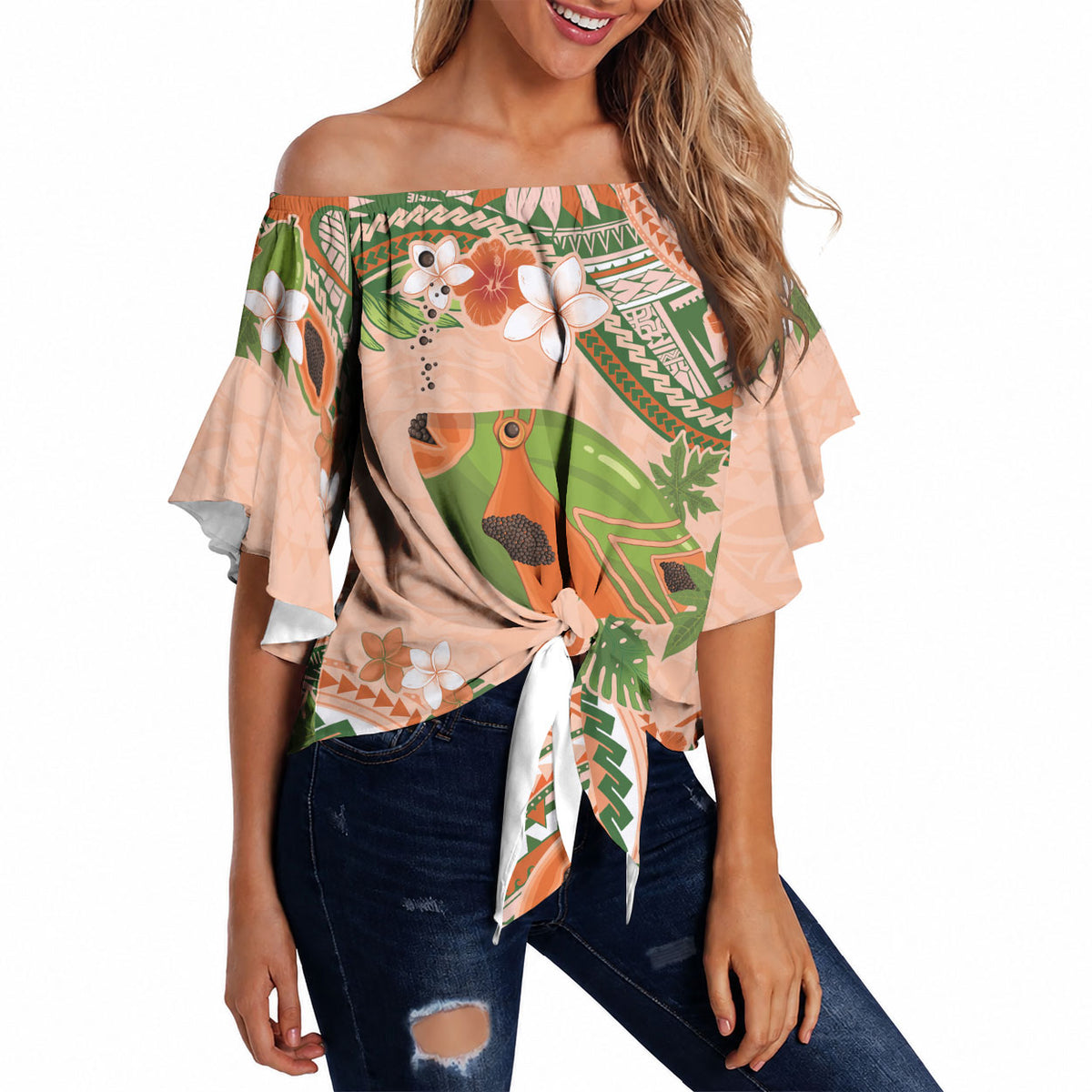 Hawaii Papaya Off Shoulder Wrap Waist Top Cute Cosplay Humuhumu Fish Plumeria Waves DT05 Orange - Polynesian Pride