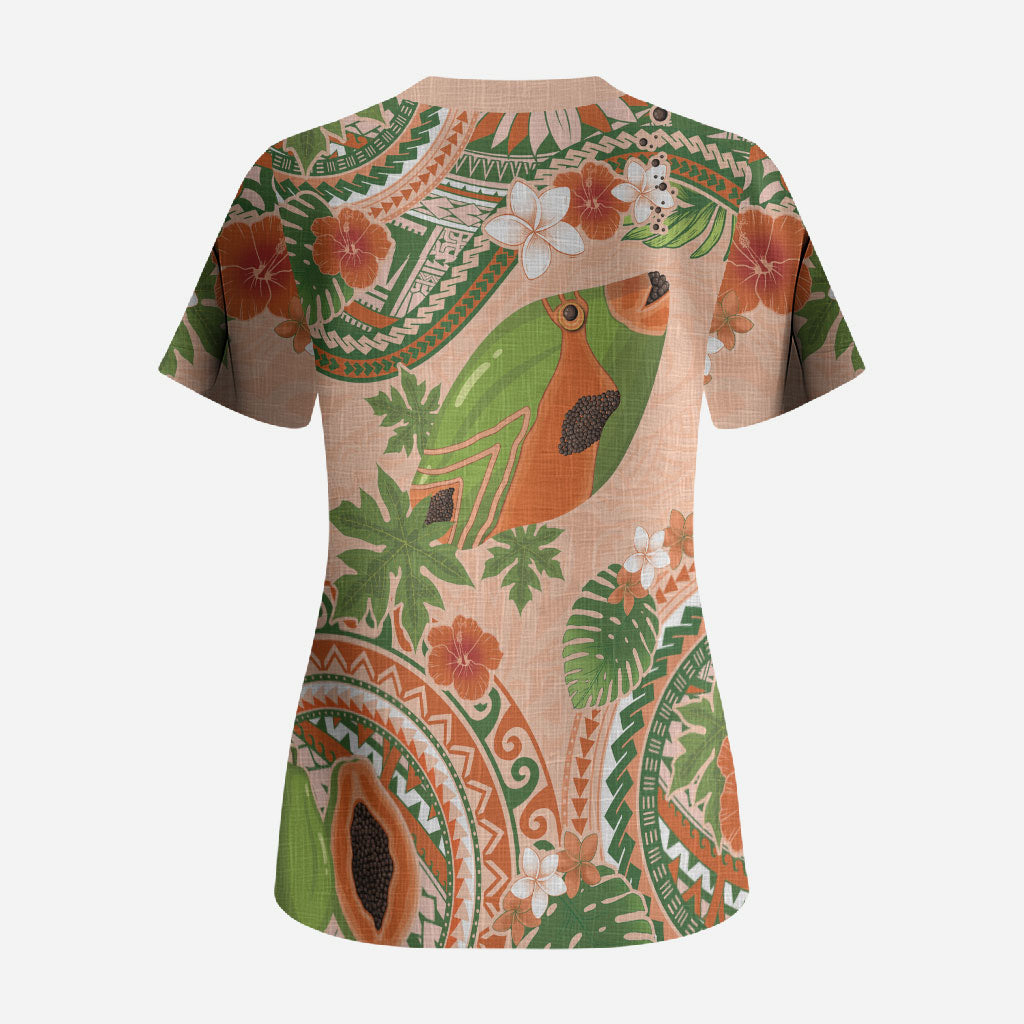 Hawaii Papaya Scrub Top Cute Cosplay Humuhumu Fish Plumeria Waves DT05 - Polynesian Pride