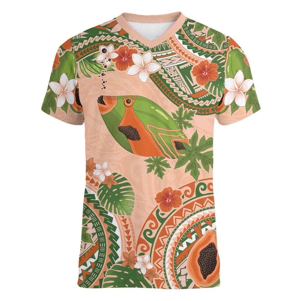 Hawaii Papaya Women V-Neck T-Shirt Cute Cosplay Humuhumu Fish Plumeria Waves DT05 Female Orange - Polynesian Pride