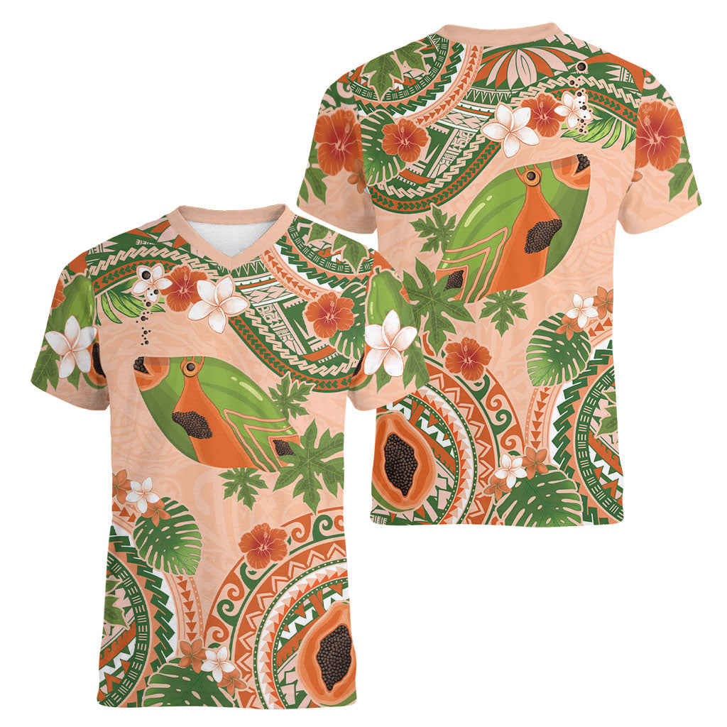 Hawaii Papaya Women V-Neck T-Shirt Cute Cosplay Humuhumu Fish Plumeria Waves DT05 - Polynesian Pride