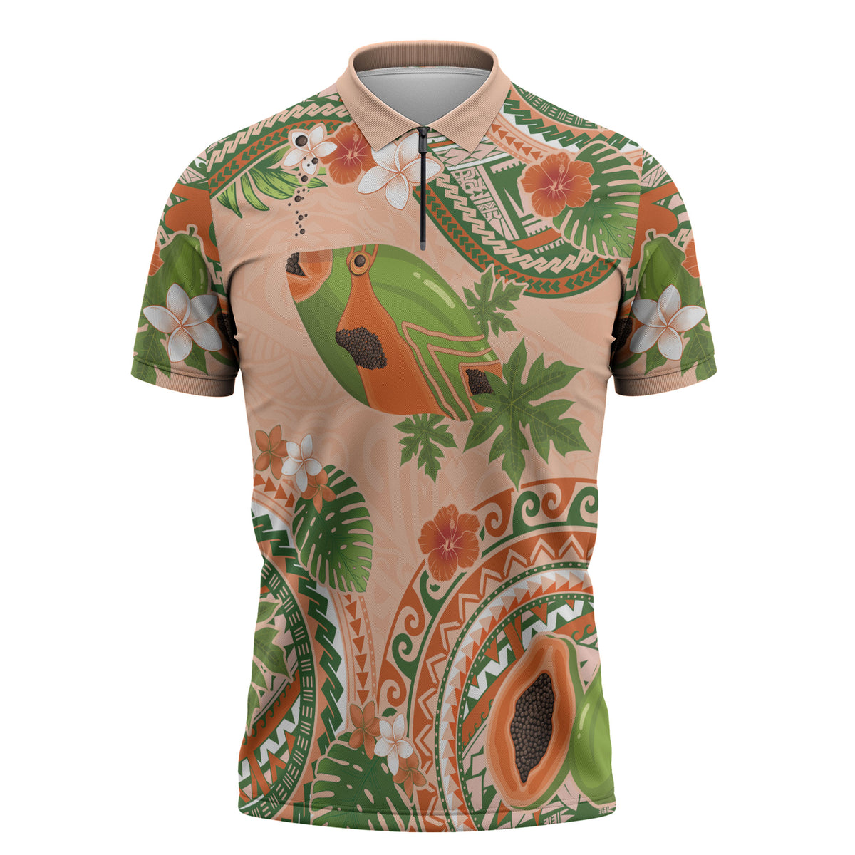 Hawaii Papaya Zipper Polo Shirt Cute Cosplay Humuhumu Fish Plumeria Waves DT05 Orange - Polynesian Pride