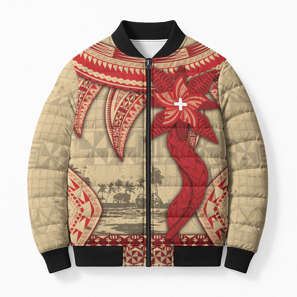 Tonga Language Week Bomber Puffer Jacket Tribal Cross Ngatu Floral Pattern DT05 Unisex Red - Polynesian Pride