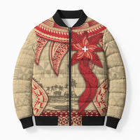 Tonga Language Week Bomber Puffer Jacket Tribal Cross Ngatu Floral Pattern DT05 Unisex Red - Polynesian Pride