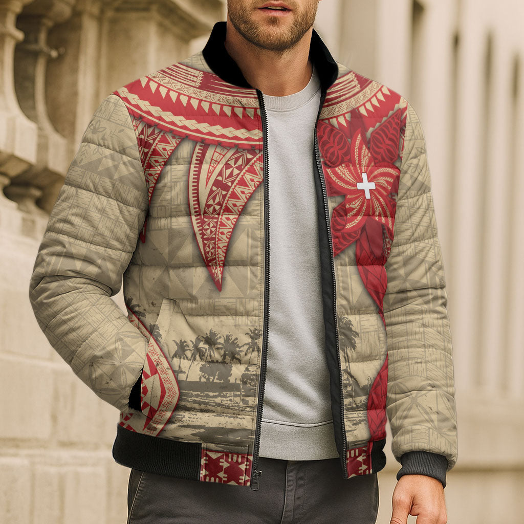 Tonga Language Week Bomber Puffer Jacket Tribal Cross Ngatu Floral Pattern DT05 - Polynesian Pride