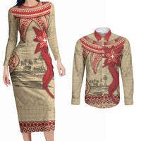 Tonga Language Week Couples Matching Long Sleeve Bodycon Dress and Long Sleeve Button Shirt Tribal Cross Ngatu Floral Pattern DT05 Red - Polynesian Pride