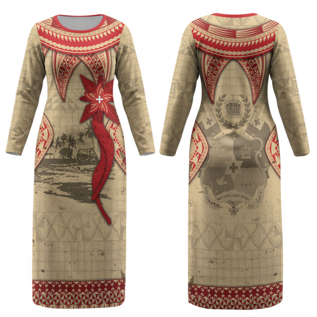 Tonga Language Week Couples Matching Long Sleeve Bodycon Dress and Long Sleeve Button Shirt Tribal Cross Ngatu Floral Pattern DT05 - Polynesian Pride