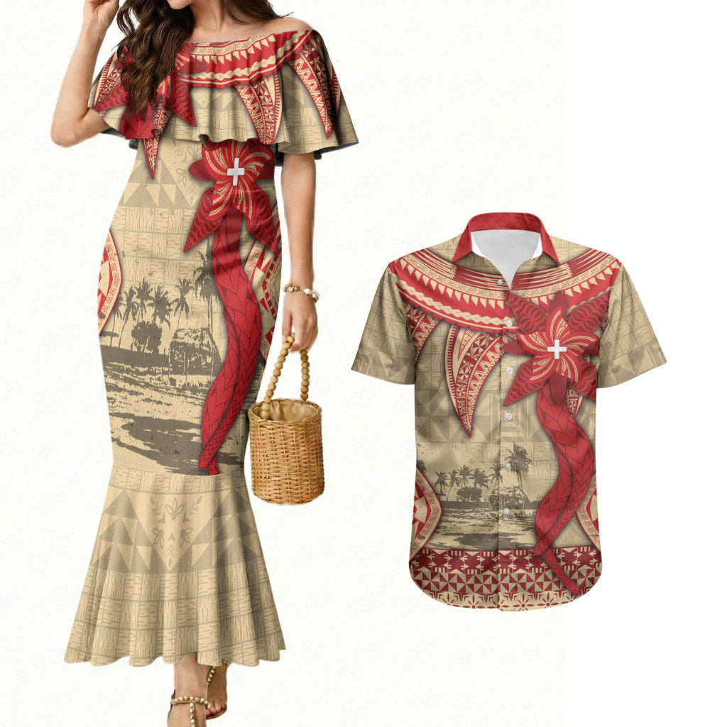 Tonga Language Week Couples Matching Mermaid Dress and Hawaiian Shirt Tribal Cross Ngatu Floral Pattern DT05 Red - Polynesian Pride