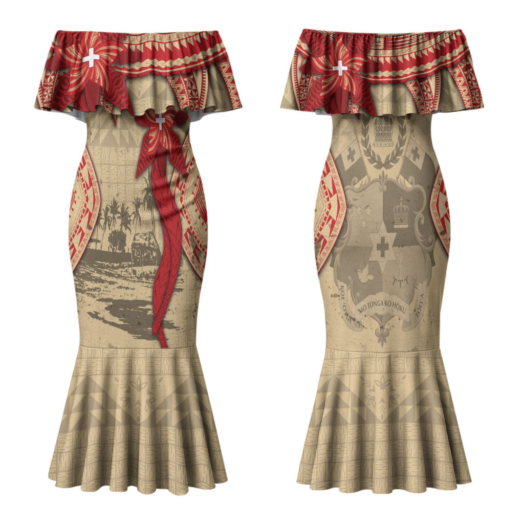Tonga Language Week Couples Matching Mermaid Dress and Hawaiian Shirt Tribal Cross Ngatu Floral Pattern DT05 - Polynesian Pride