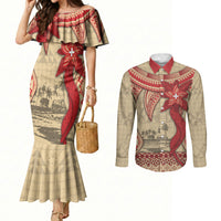 Tonga Language Week Couples Matching Mermaid Dress and Long Sleeve Button Shirt Tribal Cross Ngatu Floral Pattern DT05 Red - Polynesian Pride