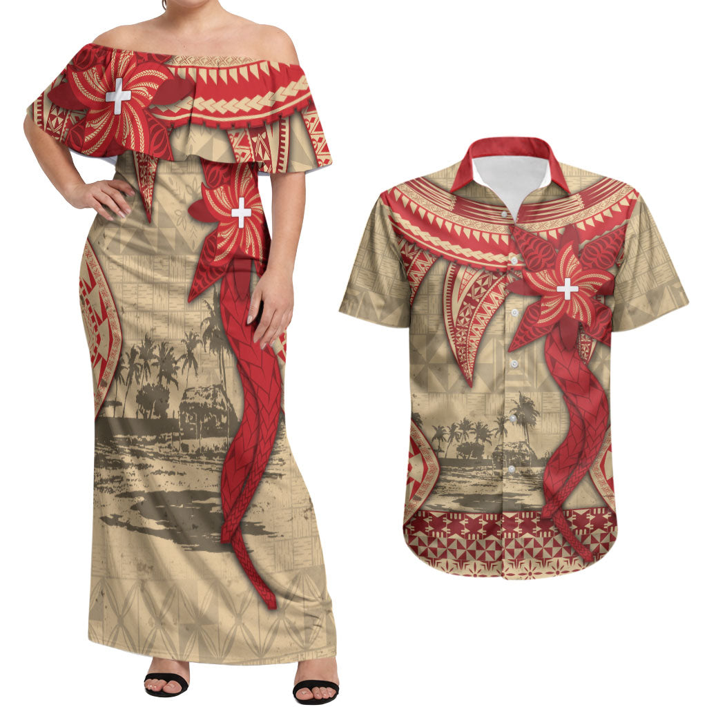 Tonga Language Week Couples Matching Off Shoulder Maxi Dress and Hawaiian Shirt Tribal Cross Ngatu Floral Pattern DT05 Red - Polynesian Pride