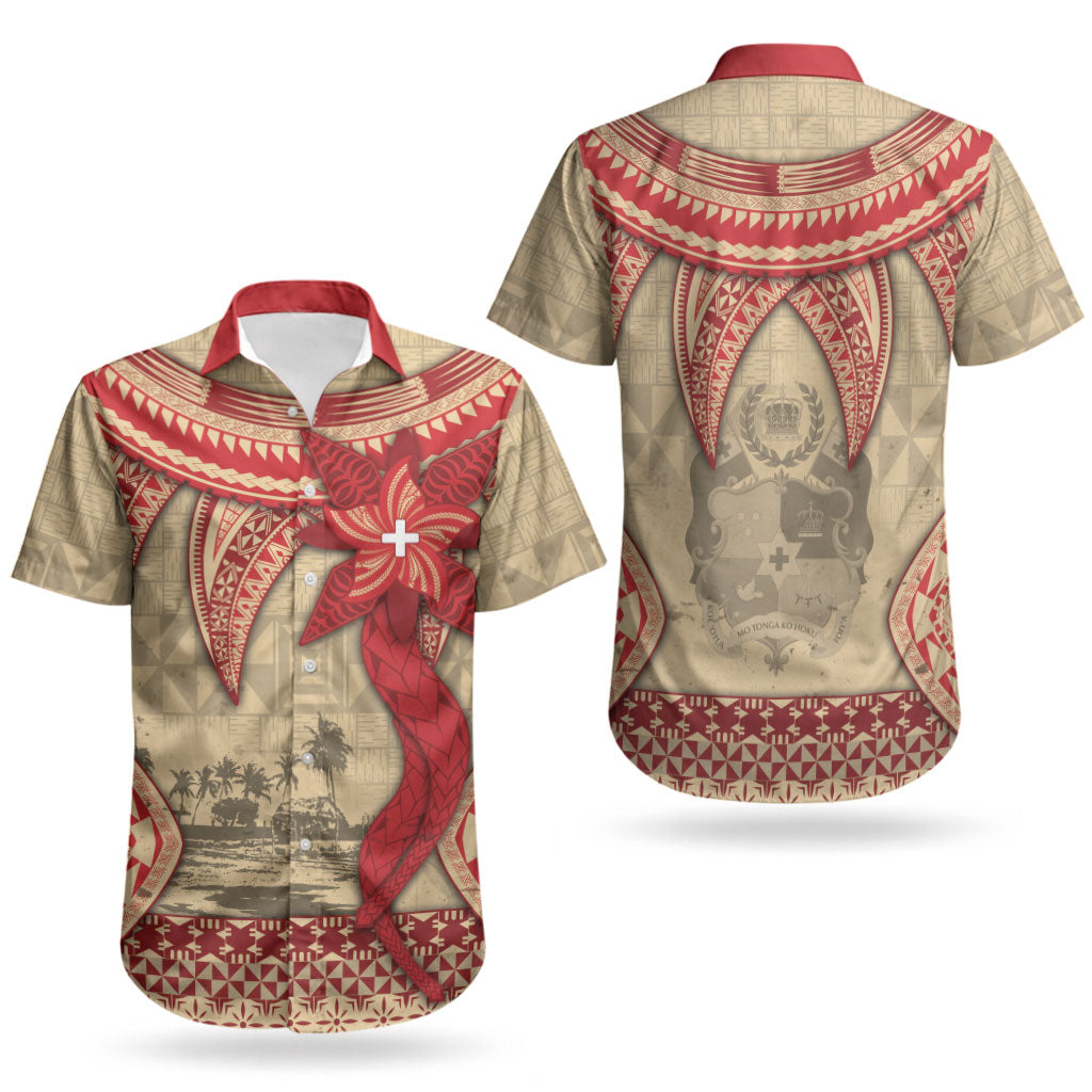Tonga Language Week Couples Matching Off Shoulder Maxi Dress and Hawaiian Shirt Tribal Cross Ngatu Floral Pattern DT05 - Polynesian Pride