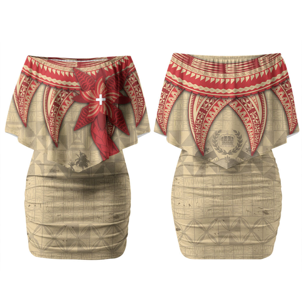Tonga Language Week Couples Matching Off Shoulder Short Dress and Hawaiian Shirt Tribal Cross Ngatu Floral Pattern DT05 - Polynesian Pride