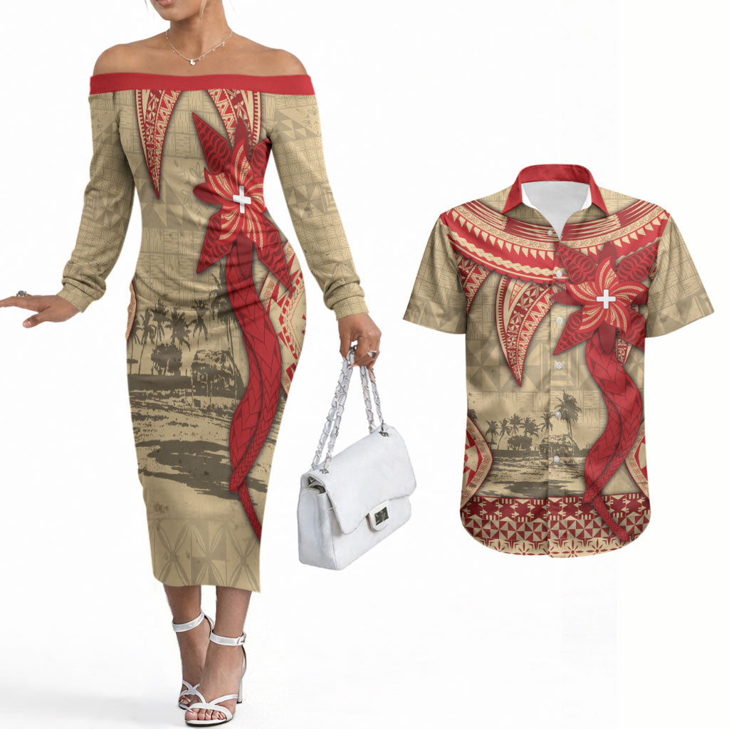 Tonga Language Week Couples Matching Off The Shoulder Long Sleeve Dress and Hawaiian Shirt Tribal Cross Ngatu Floral Pattern DT05 Red - Polynesian Pride