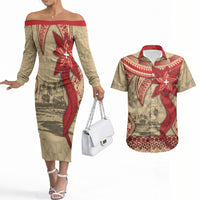 Tonga Language Week Couples Matching Off The Shoulder Long Sleeve Dress and Hawaiian Shirt Tribal Cross Ngatu Floral Pattern DT05 Red - Polynesian Pride