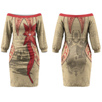 Tonga Language Week Couples Matching Off The Shoulder Long Sleeve Dress and Hawaiian Shirt Tribal Cross Ngatu Floral Pattern DT05 - Polynesian Pride