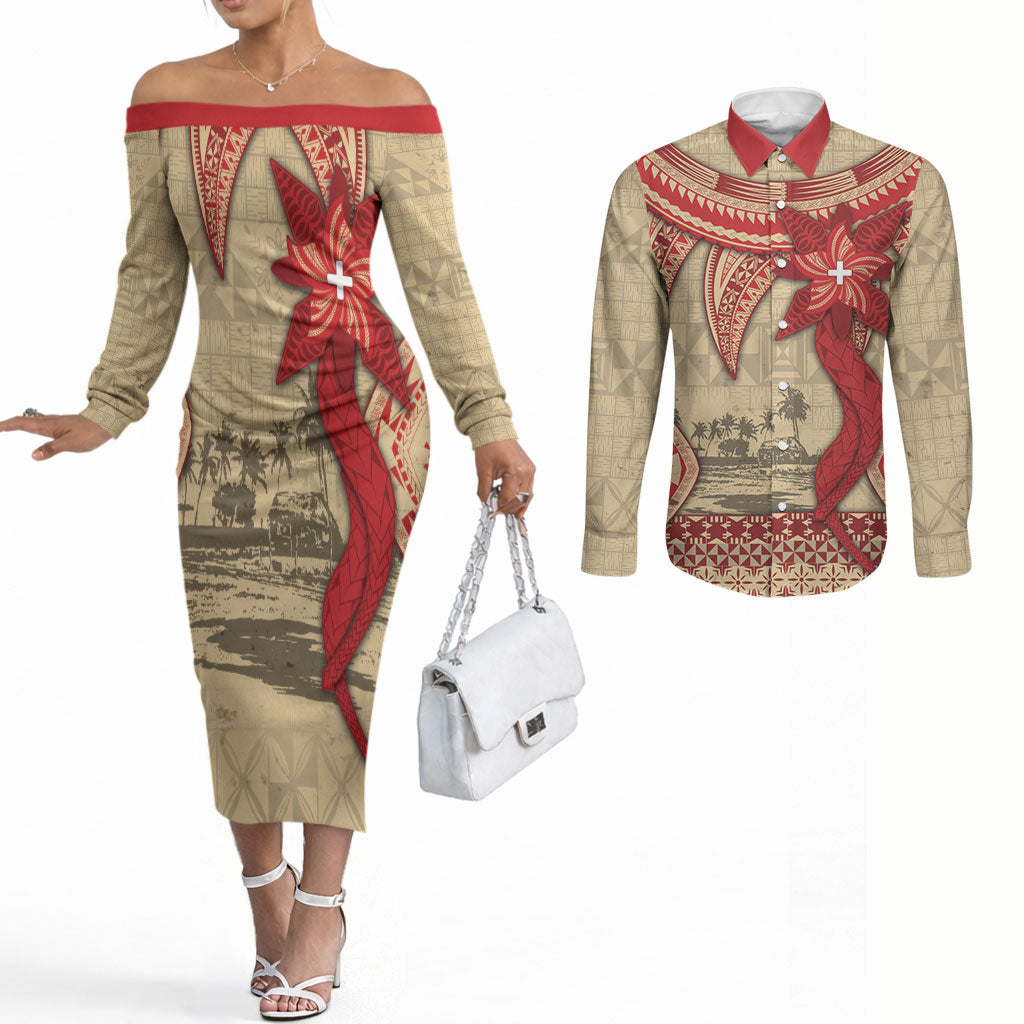 Tonga Language Week Couples Matching Off The Shoulder Long Sleeve Dress and Long Sleeve Button Shirt Tribal Cross Ngatu Floral Pattern DT05 Red - Polynesian Pride