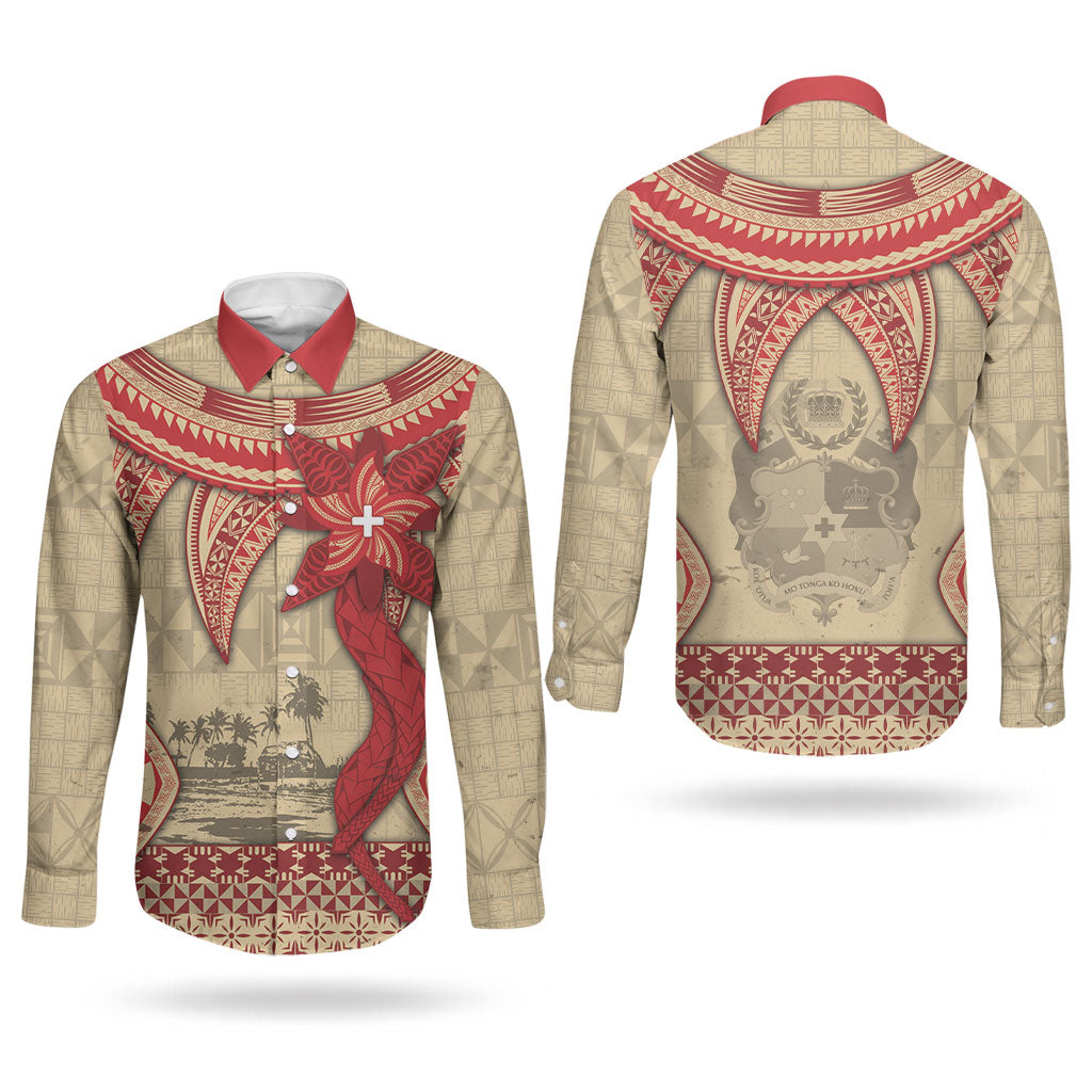 Tonga Language Week Couples Matching Puletasi and Long Sleeve Button Shirt Tribal Cross Ngatu Floral Pattern DT05 - Polynesian Pride