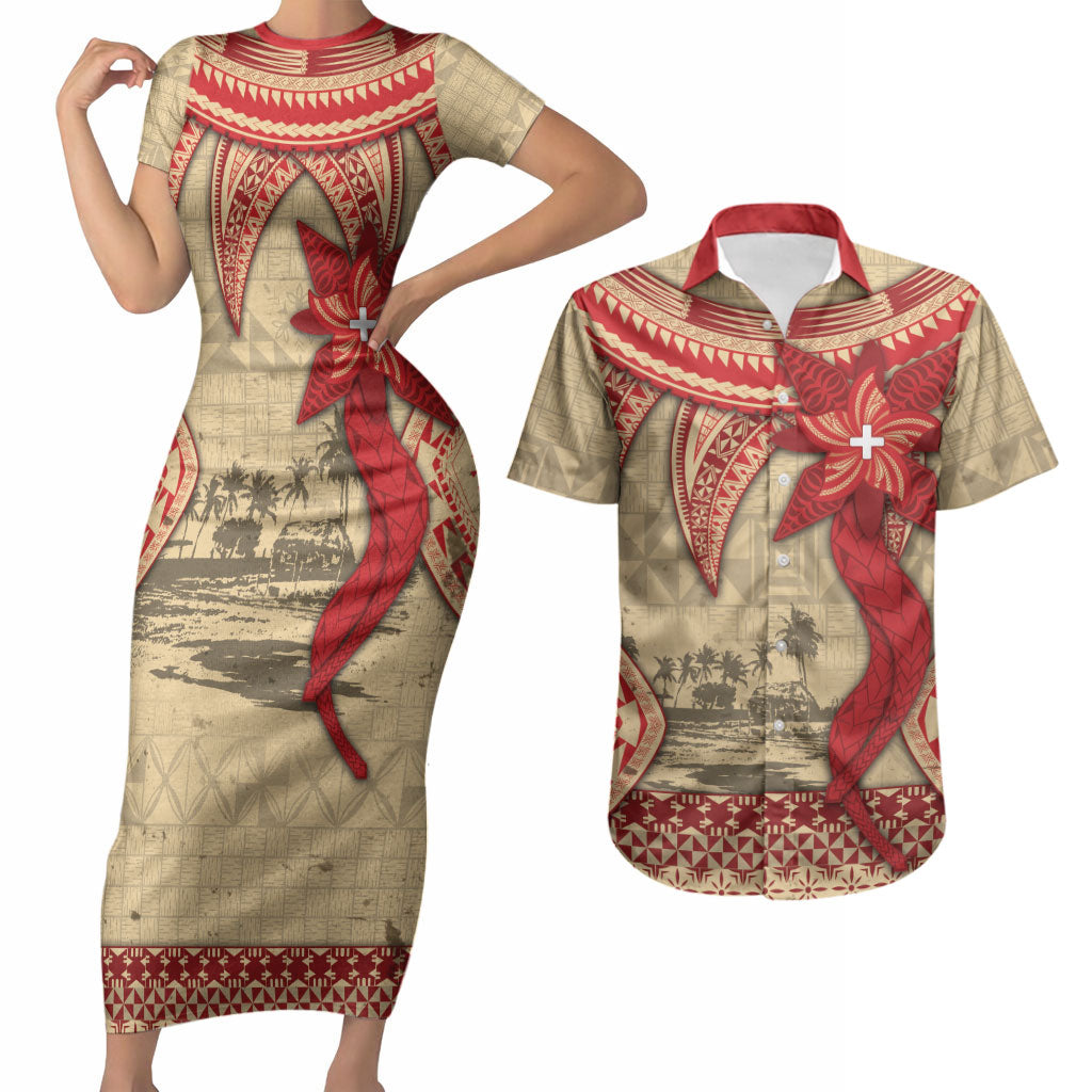 Tonga Language Week Couples Matching Short Sleeve Bodycon Dress and Hawaiian Shirt Tribal Cross Ngatu Floral Pattern DT05 Red - Polynesian Pride