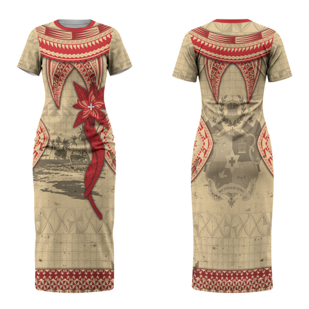 Tonga Language Week Couples Matching Short Sleeve Bodycon Dress and Long Sleeve Button Shirt Tribal Cross Ngatu Floral Pattern DT05 - Polynesian Pride