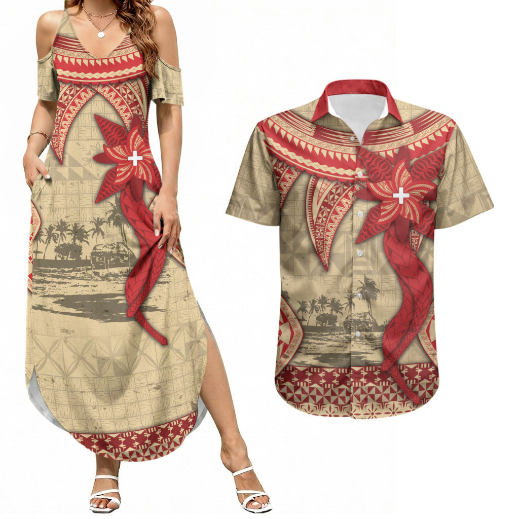 Tonga Language Week Couples Matching Summer Maxi Dress and Hawaiian Shirt Tribal Cross Ngatu Floral Pattern DT05 Red - Polynesian Pride