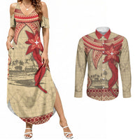 Tonga Language Week Couples Matching Summer Maxi Dress and Long Sleeve Button Shirt Tribal Cross Ngatu Floral Pattern DT05 Red - Polynesian Pride