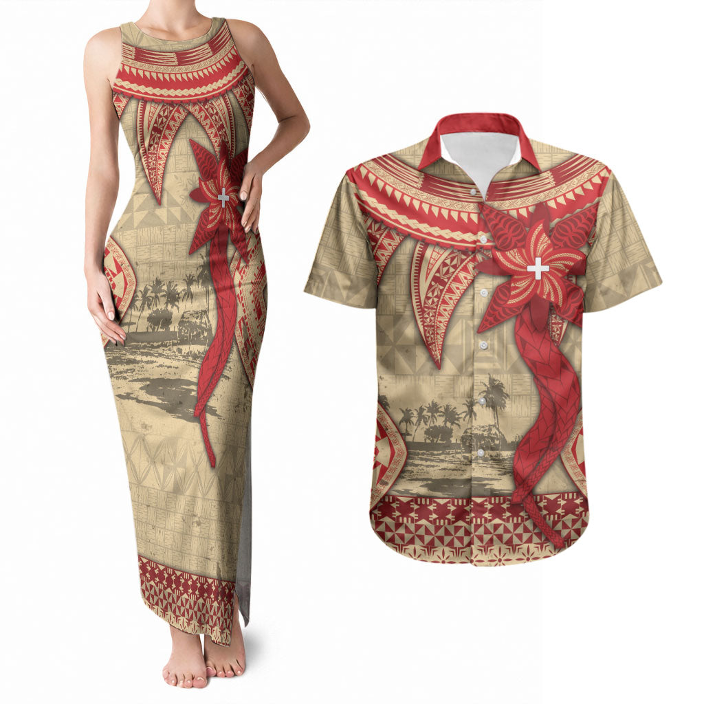 Tonga Language Week Couples Matching Tank Maxi Dress and Hawaiian Shirt Tribal Cross Ngatu Floral Pattern DT05 Red - Polynesian Pride