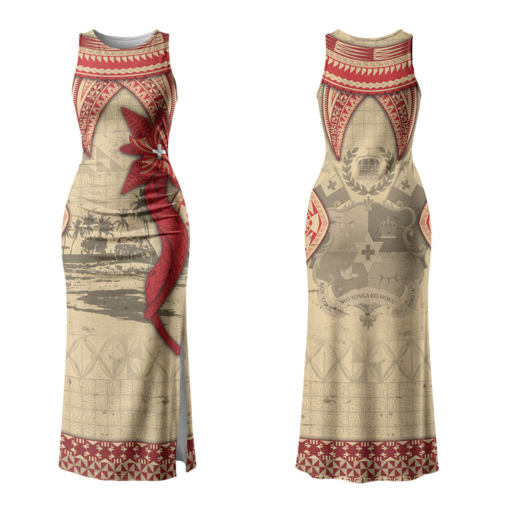 Tonga Language Week Couples Matching Tank Maxi Dress and Hawaiian Shirt Tribal Cross Ngatu Floral Pattern DT05 - Polynesian Pride