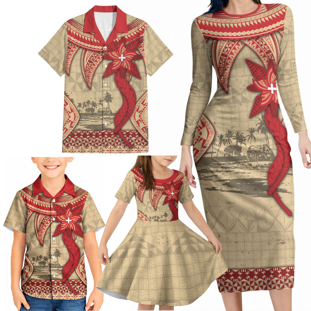 Tonga Language Week Family Matching Long Sleeve Bodycon Dress and Hawaiian Shirt Tribal Cross Ngatu Floral Pattern DT05 - Polynesian Pride