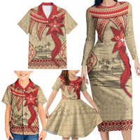 Tonga Language Week Family Matching Long Sleeve Bodycon Dress and Hawaiian Shirt Tribal Cross Ngatu Floral Pattern DT05 - Polynesian Pride