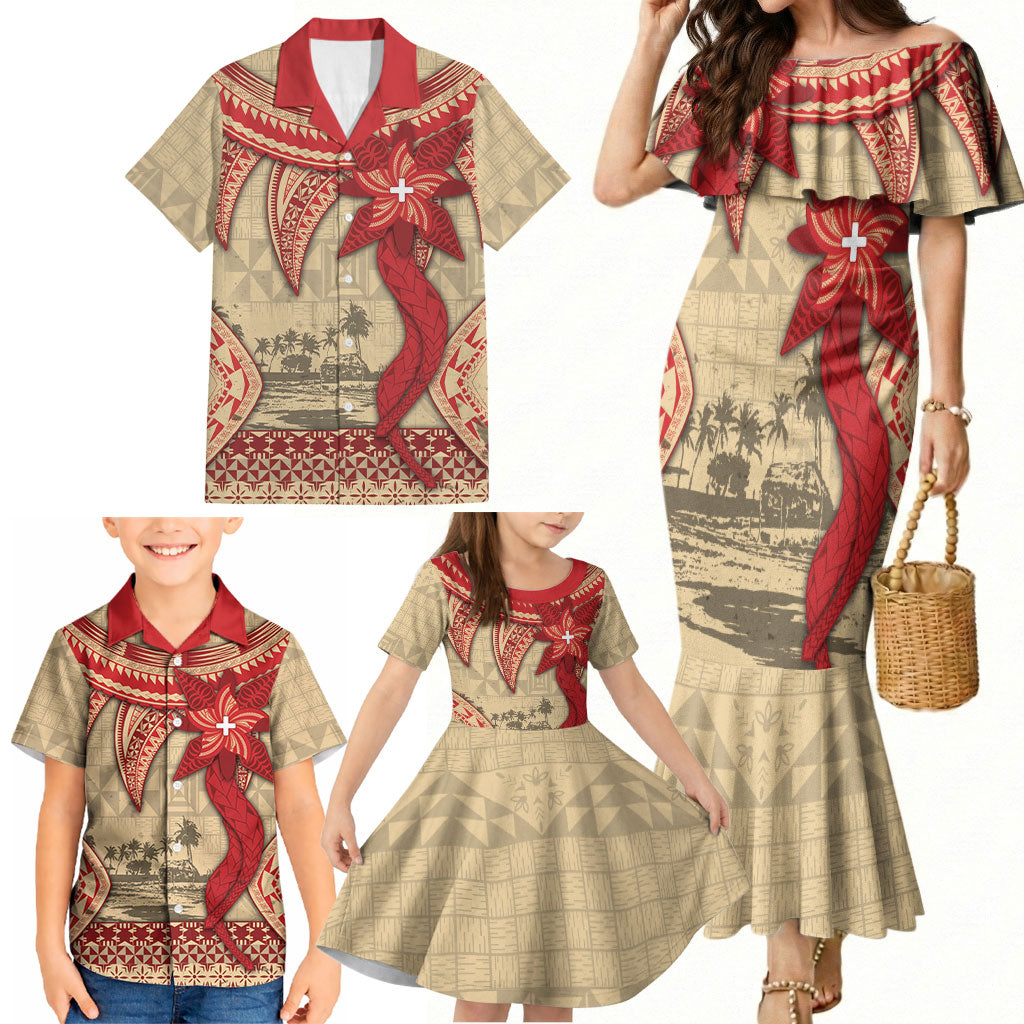 Tonga Language Week Family Matching Mermaid Dress and Hawaiian Shirt Tribal Cross Ngatu Floral Pattern