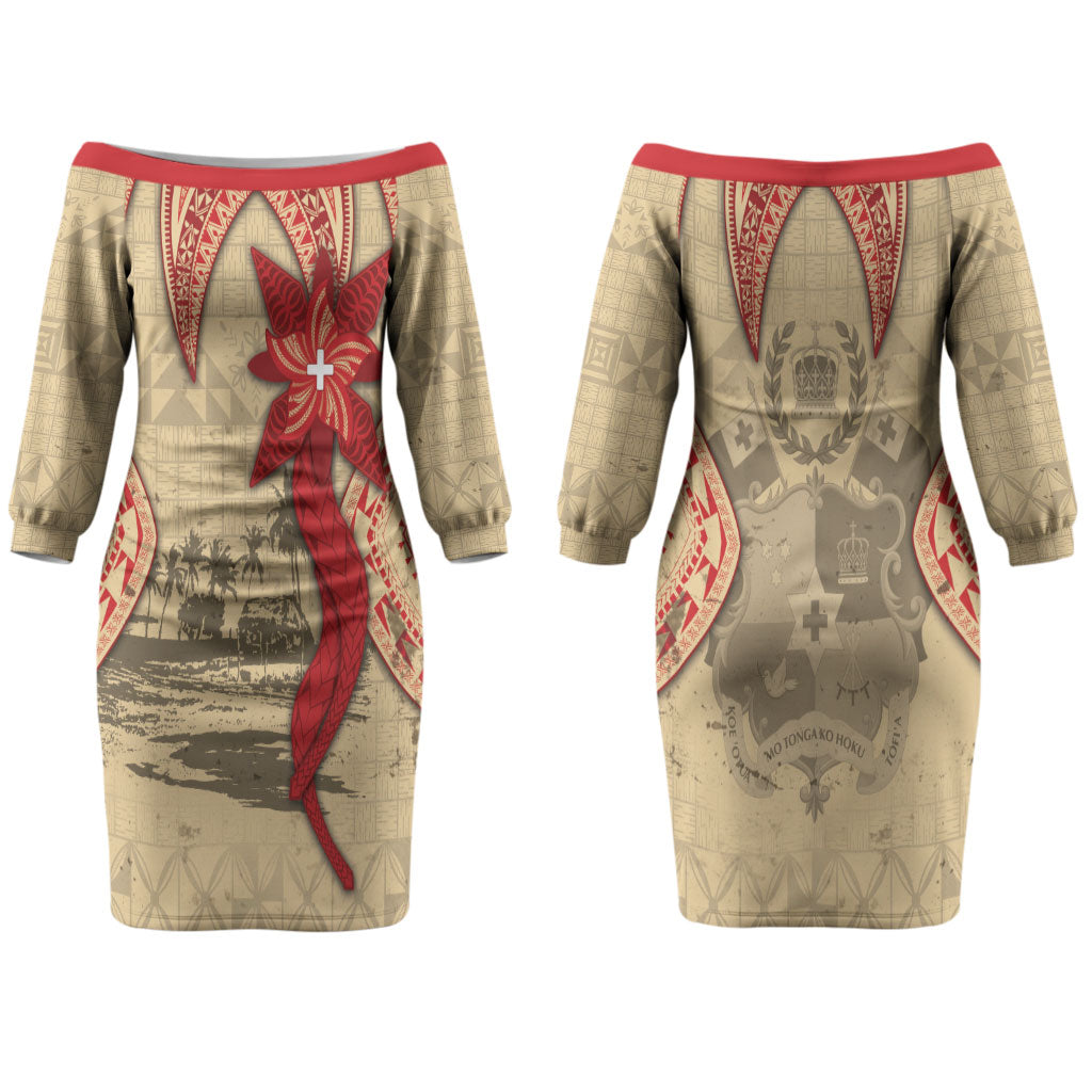Tonga Language Week Family Matching Off The Shoulder Long Sleeve Dress and Hawaiian Shirt Tribal Cross Ngatu Floral Pattern DT05 Mom's Dress Red - Polynesian Pride