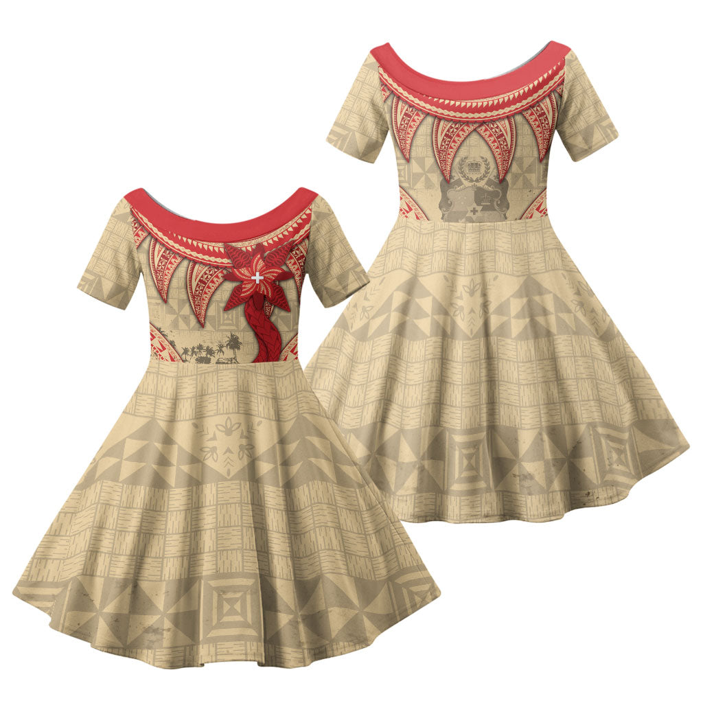 Tonga Language Week Family Matching Off The Shoulder Long Sleeve Dress and Hawaiian Shirt Tribal Cross Ngatu Floral Pattern DT05 Daughter's Dress Red - Polynesian Pride
