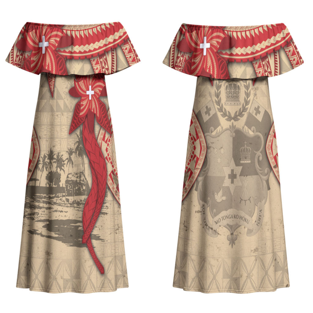 Tonga Language Week Family Matching Off Shoulder Maxi Dress and Hawaiian Shirt Tribal Cross Ngatu Floral Pattern DT05 Mom's Dress Red - Polynesian Pride