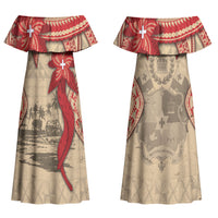 Tonga Language Week Family Matching Off Shoulder Maxi Dress and Hawaiian Shirt Tribal Cross Ngatu Floral Pattern DT05 Mom's Dress Red - Polynesian Pride