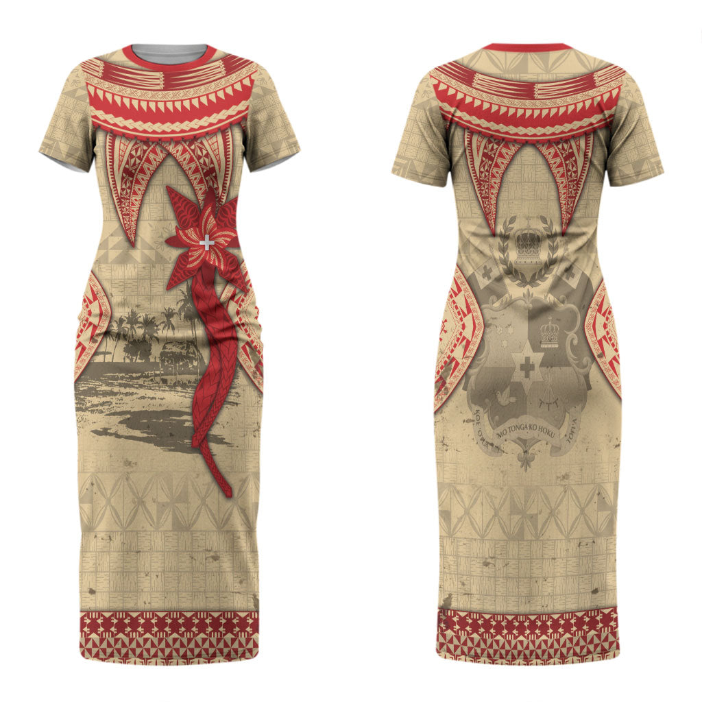 Tonga Language Week Family Matching Short Sleeve Bodycon Dress and Hawaiian Shirt Tribal Cross Ngatu Floral Pattern DT05 Mom's Dress Red - Polynesian Pride