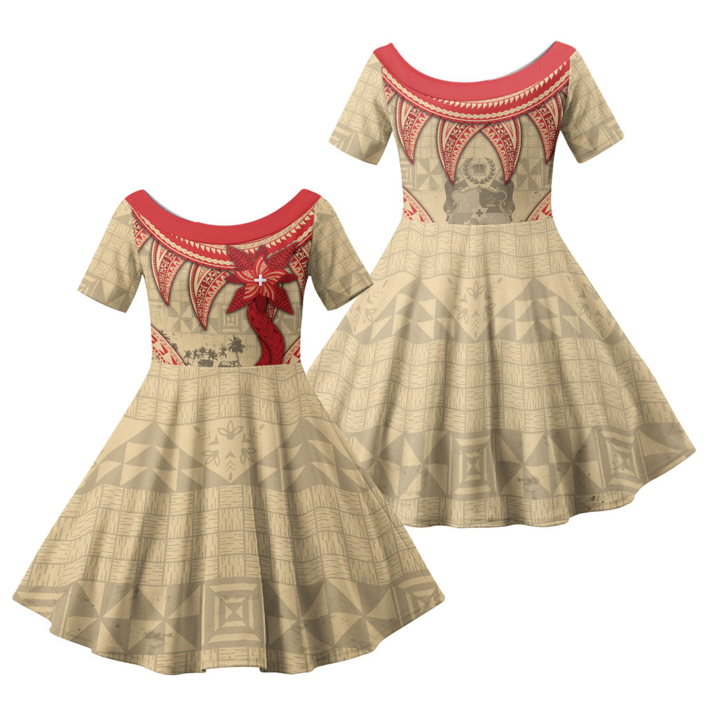 Tonga Language Week Family Matching Summer Maxi Dress and Hawaiian Shirt Tribal Cross Ngatu Floral Pattern DT05 Daughter's Dress Red - Polynesian Pride