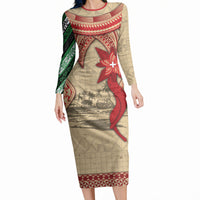 Tonga Language Week Long Sleeve Bodycon Dress Tribal Cross Ngatu Floral Pattern DT05 Long Dress Red - Polynesian Pride