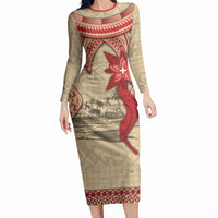 Tonga Language Week Long Sleeve Bodycon Dress Tribal Cross Ngatu Floral Pattern DT05 Long Dress Red - Polynesian Pride