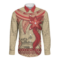 Tonga Language Week Long Sleeve Button Shirt Tribal Cross Ngatu Floral Pattern DT05 Unisex Red - Polynesian Pride