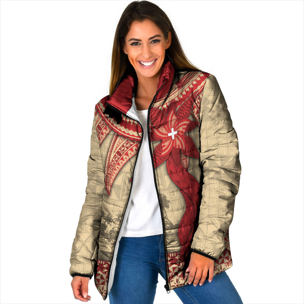 Tonga Language Week Padded Jacket Tribal Cross Ngatu Floral Pattern DT05 Women Red - Polynesian Pride