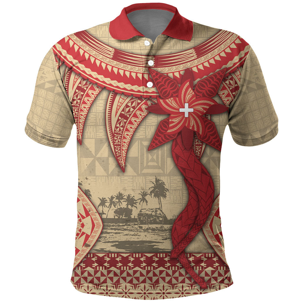 Tonga Language Week Polo Shirt Tribal Cross Ngatu Floral Pattern DT05 Red - Polynesian Pride