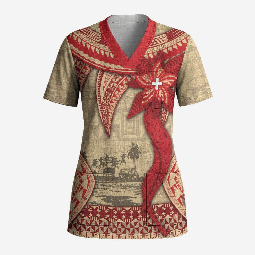Tonga Language Week Scrub Top Tribal Cross Ngatu Floral Pattern DT05 Adult Red - Polynesian Pride