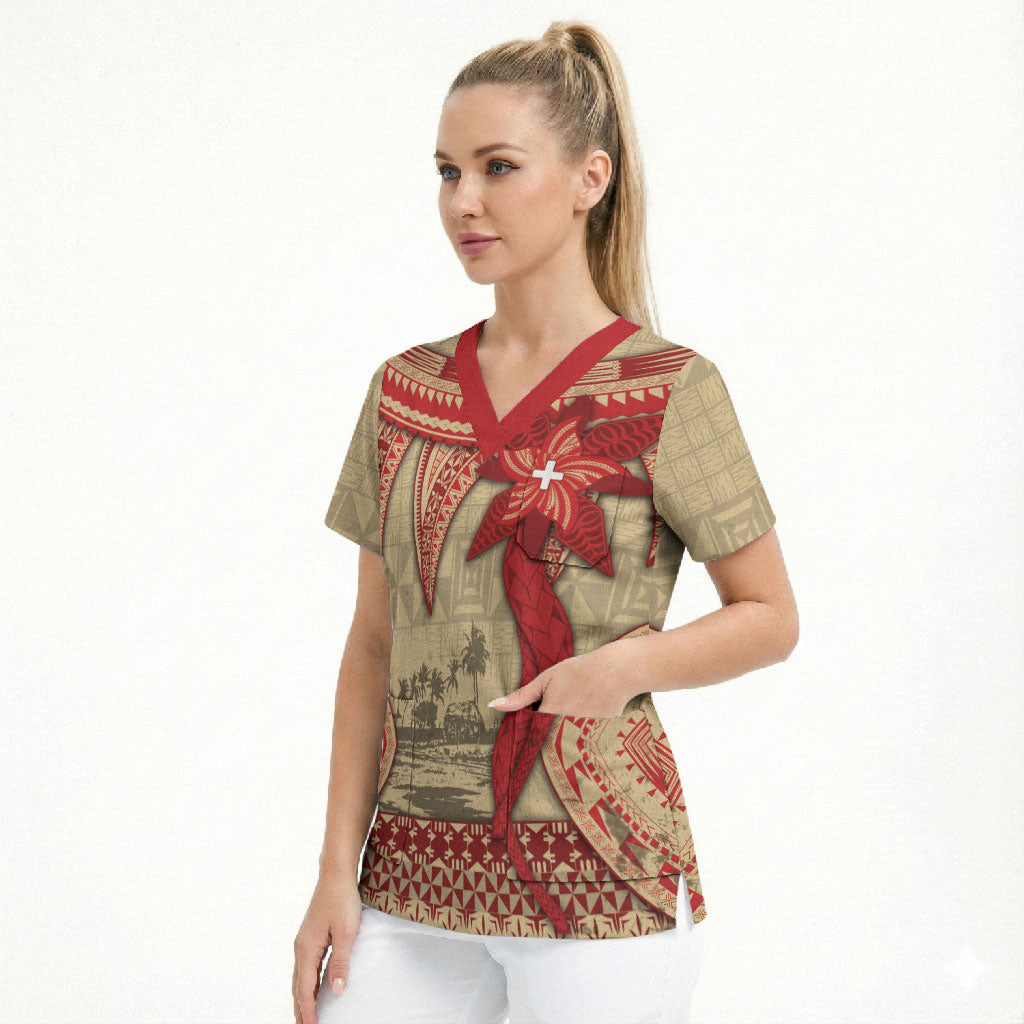 Tonga Language Week Scrub Top Tribal Cross Ngatu Floral Pattern DT05 - Polynesian Pride